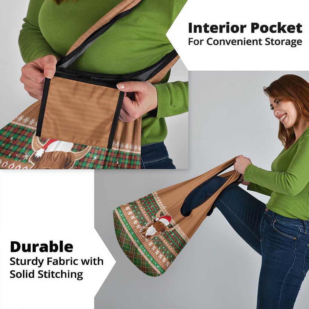 Scottish Christmas Grocery Bag Highland Cattle-Xmas Tartan Stripes Style Brown Color - Wonder Print Shop