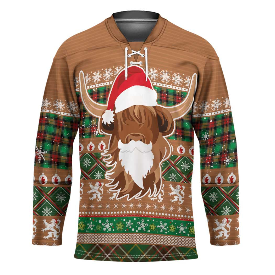 Scottish Christmas Hockey Jersey Highland Cattle-Xmas Tartan Stripes Style Brown Color - Wonder Print Shop