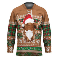 Scottish Christmas Hockey Jersey Highland Cattle-Xmas Tartan Stripes Style Brown Color - Wonder Print Shop