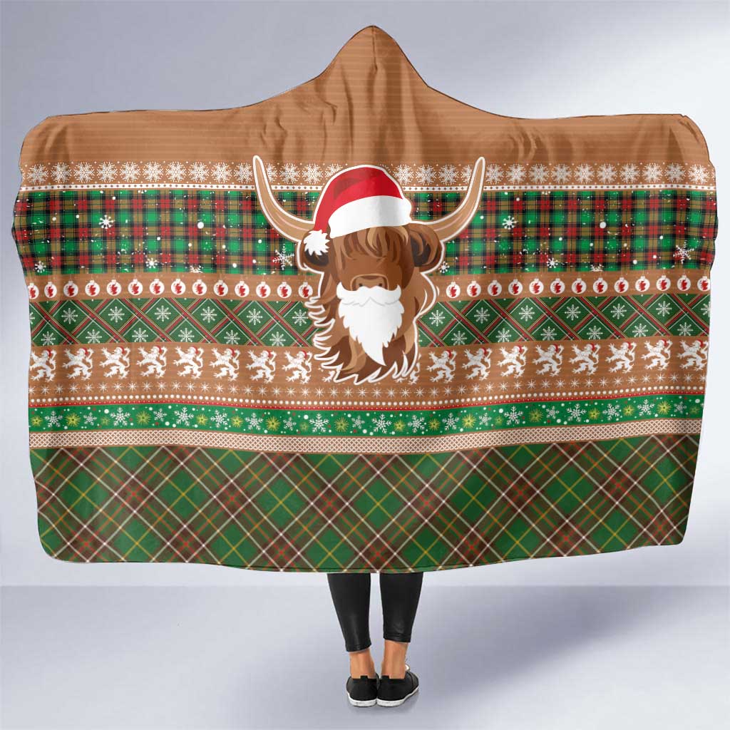 Scottish Christmas Hooded Blanket Highland Cattle-Xmas Tartan Stripes Style Brown Color - Wonder Print Shop