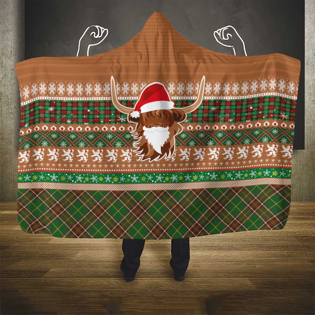 Scottish Christmas Hooded Blanket Highland Cattle-Xmas Tartan Stripes Style Brown Color - Wonder Print Shop