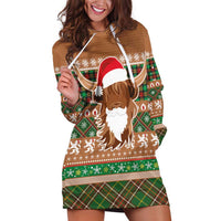 Scottish Christmas Hoodie Dress Highland Cattle-Xmas Tartan Stripes Style Brown Color - Wonder Print Shop