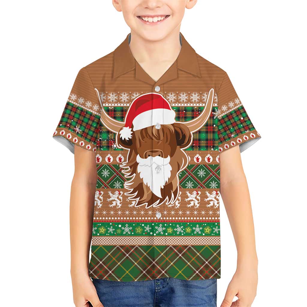 Scottish Christmas Kid Hawaiian Shirt Highland Cattle-Xmas Tartan Stripes Style Brown Color - Wonder Print Shop