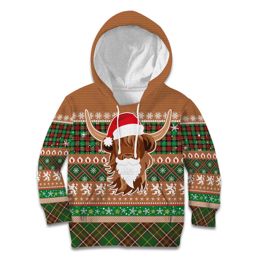 Scottish Christmas Kid Hoodie Highland Cattle-Xmas Tartan Stripes Style Brown Color - Wonder Print Shop