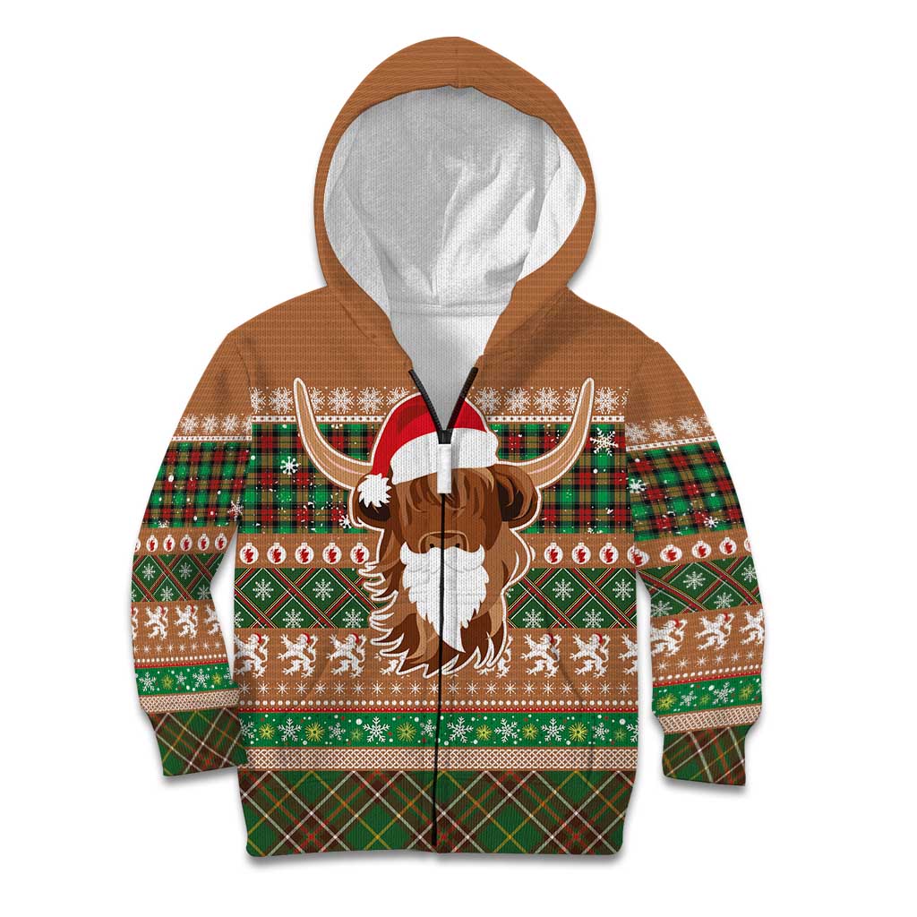 Scottish Christmas Kid Hoodie Highland Cattle-Xmas Tartan Stripes Style Brown Color - Wonder Print Shop
