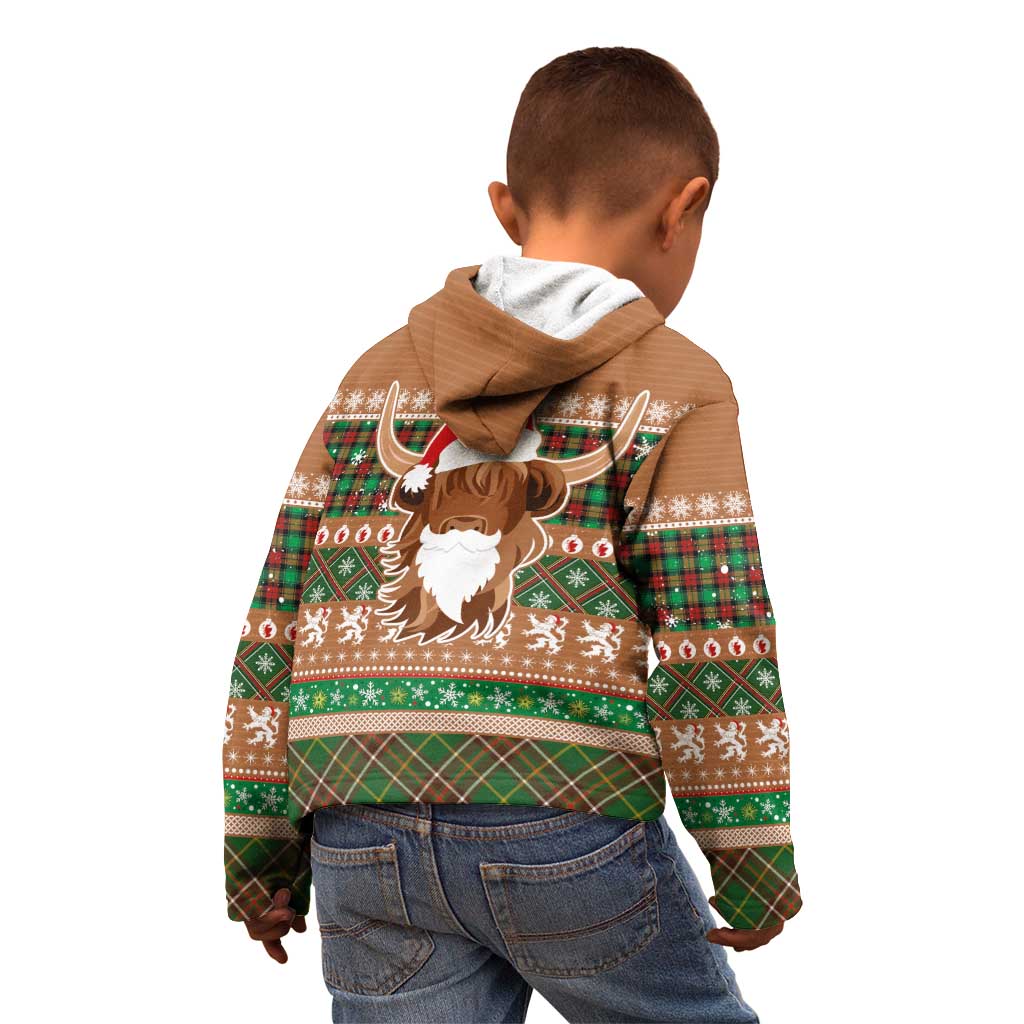 Scottish Christmas Kid Hoodie Highland Cattle-Xmas Tartan Stripes Style Brown Color - Wonder Print Shop