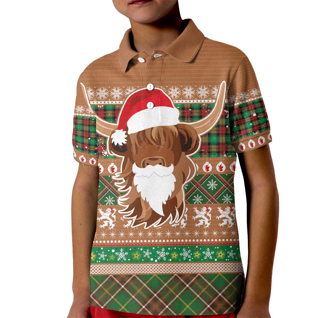 Scottish Christmas Kid Polo Shirt Highland Cattle-Xmas Tartan Stripes Style Brown Color - Wonder Print Shop