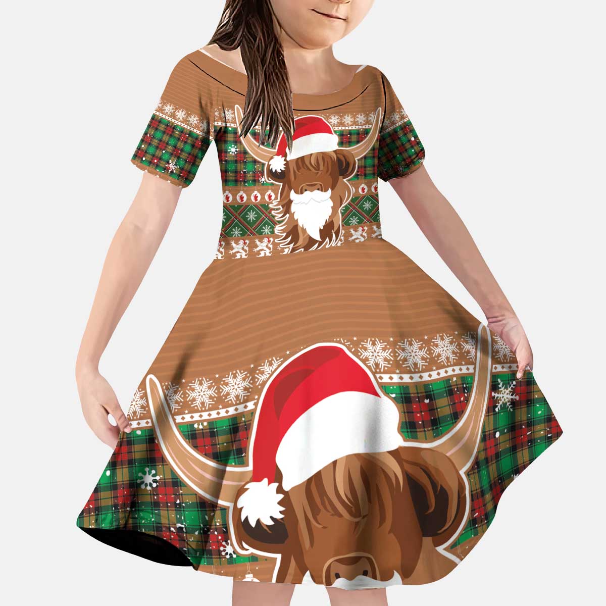 Scottish Christmas Kid Short Sleeve Dress Highland Cattle-Xmas Tartan Stripes Style Brown Color - Wonder Print Shop