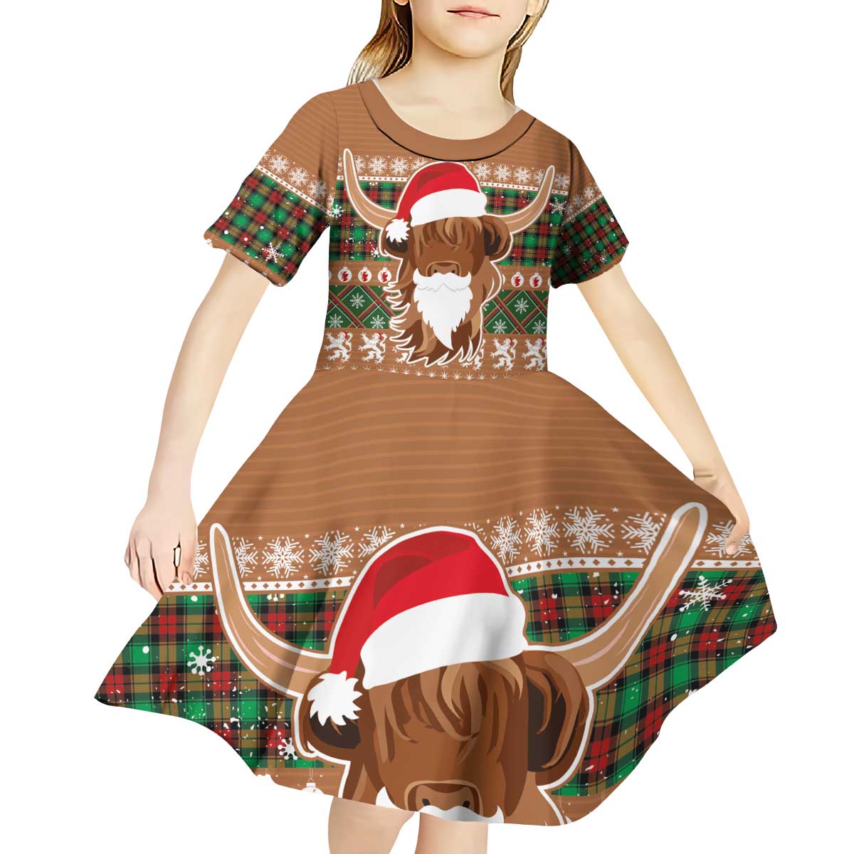 Scottish Christmas Kid Short Sleeve Dress Highland Cattle-Xmas Tartan Stripes Style Brown Color - Wonder Print Shop