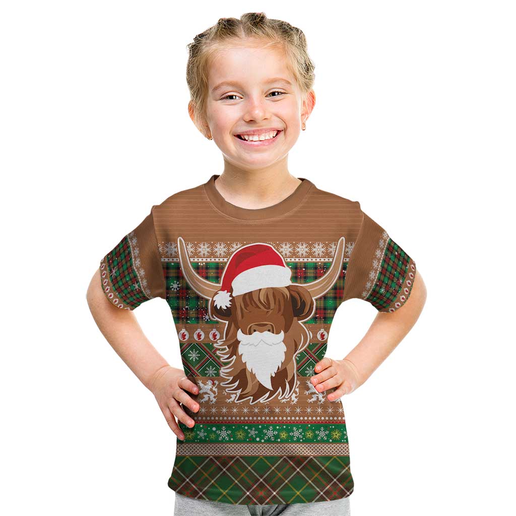 Scottish Christmas Kid T Shirt Highland Cattle-Xmas Tartan Stripes Style Brown Color - Wonder Print Shop