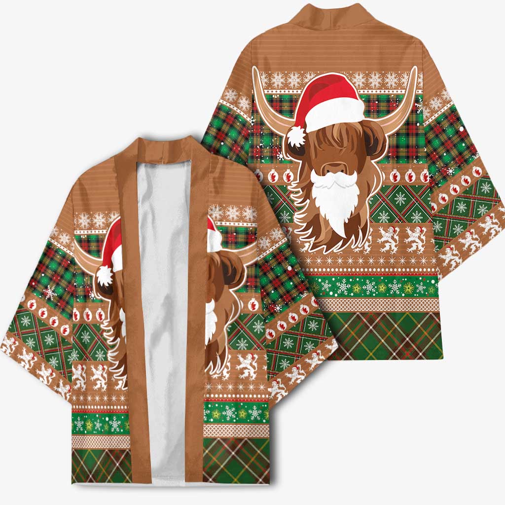 Scottish Christmas Kimono Highland Cattle-Xmas Tartan Stripes Style Brown Color - Wonder Print Shop
