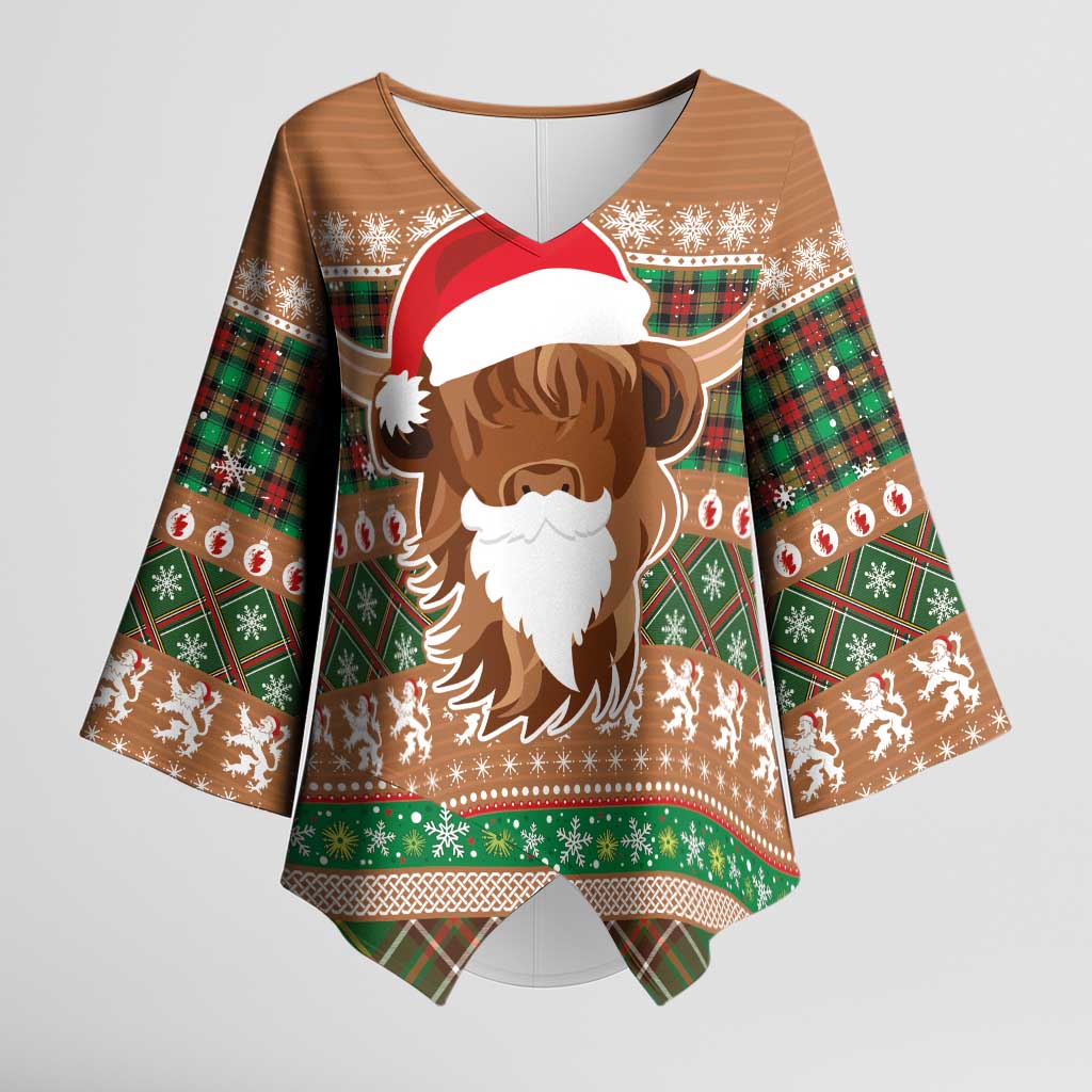 Scottish Christmas Kimono Sleeve Blouse Highland Cattle-Xmas Tartan Stripes Style Brown Color - Wonder Print Shop