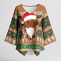 Scottish Christmas Kimono Sleeve Blouse Highland Cattle-Xmas Tartan Stripes Style Brown Color - Wonder Print Shop