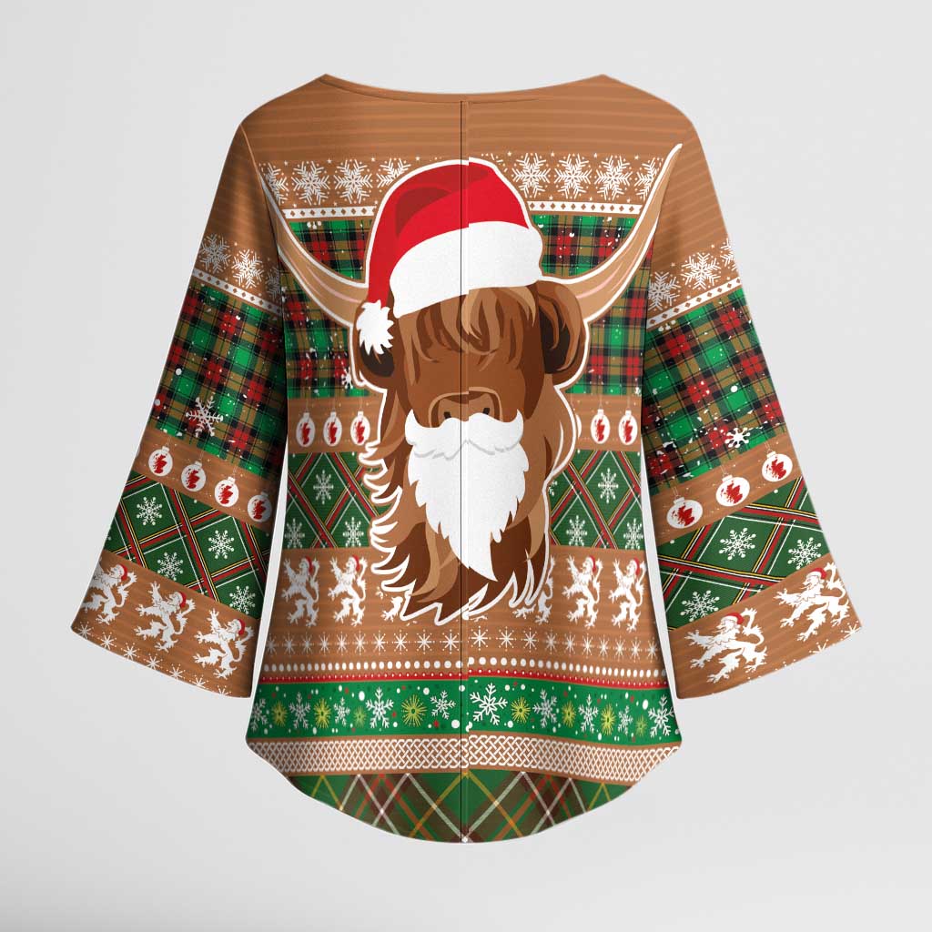 Scottish Christmas Kimono Sleeve Blouse Highland Cattle-Xmas Tartan Stripes Style Brown Color - Wonder Print Shop