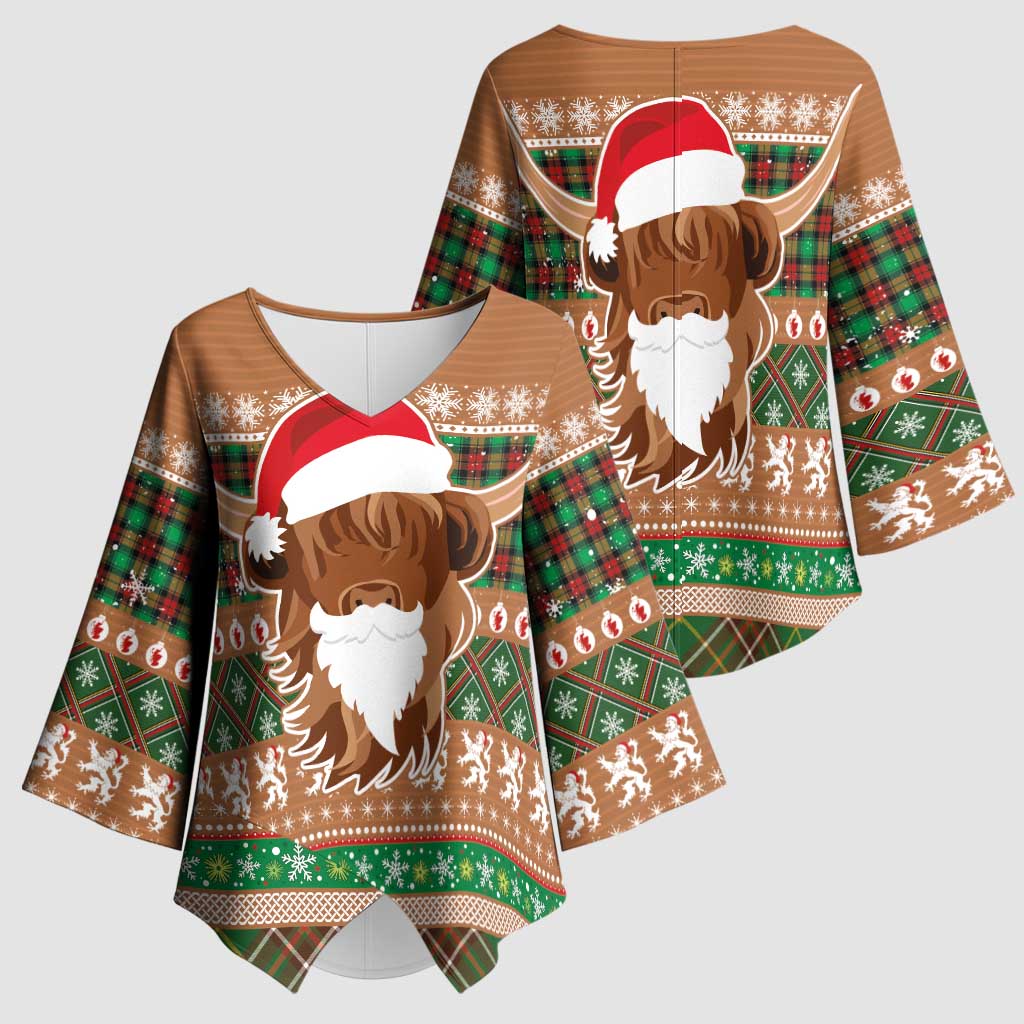 Scottish Christmas Kimono Sleeve Blouse Highland Cattle-Xmas Tartan Stripes Style Brown Color - Wonder Print Shop