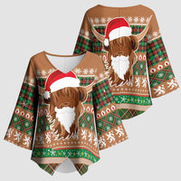 Scottish Christmas Kimono Sleeve Blouse Highland Cattle-Xmas Tartan Stripes Style Brown Color - Wonder Print Shop