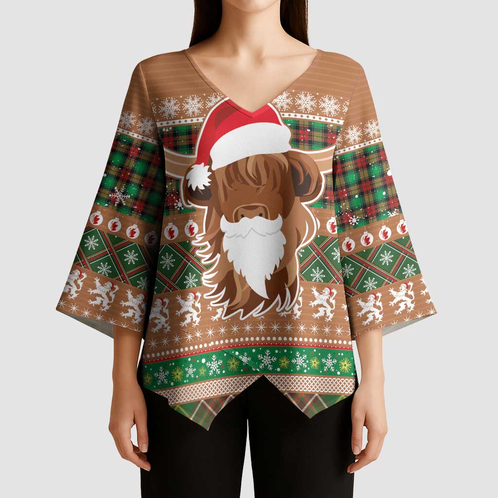 Scottish Christmas Kimono Sleeve Blouse Highland Cattle-Xmas Tartan Stripes Style Brown Color - Wonder Print Shop