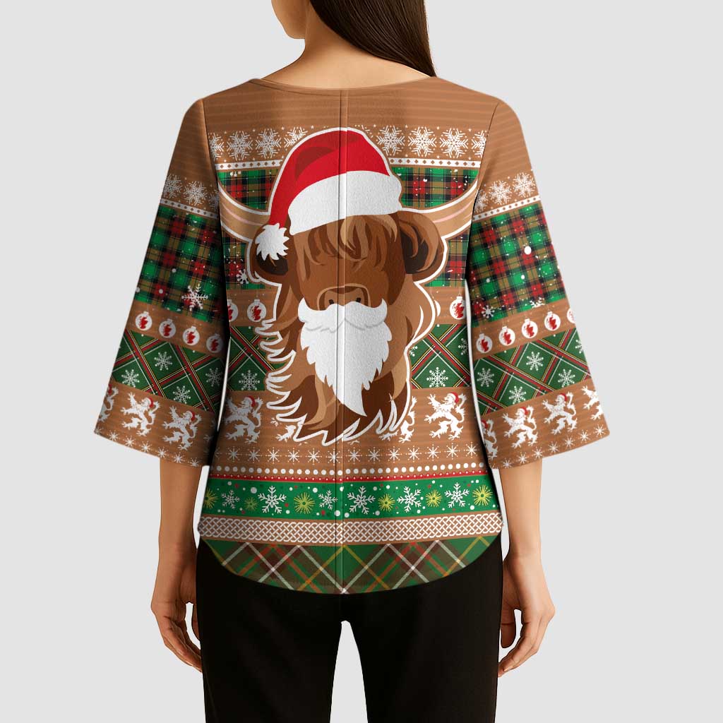 Scottish Christmas Kimono Sleeve Blouse Highland Cattle-Xmas Tartan Stripes Style Brown Color - Wonder Print Shop