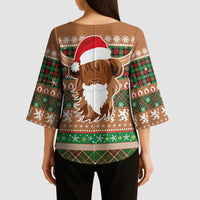 Scottish Christmas Kimono Sleeve Blouse Highland Cattle-Xmas Tartan Stripes Style Brown Color - Wonder Print Shop