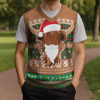 Scottish Christmas Knitted V-Neck Vest Highland Cattle-Xmas Tartan Stripes Style Brown Color - Wonder Print Shop