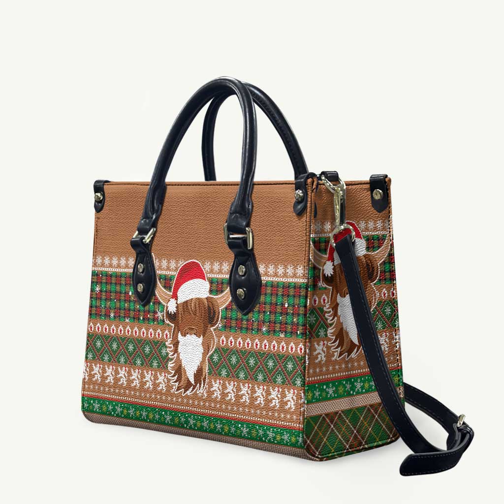 Scottish Christmas Leather Bag Highland Cattle-Xmas Tartan Stripes Style Brown Color - Wonder Print Shop