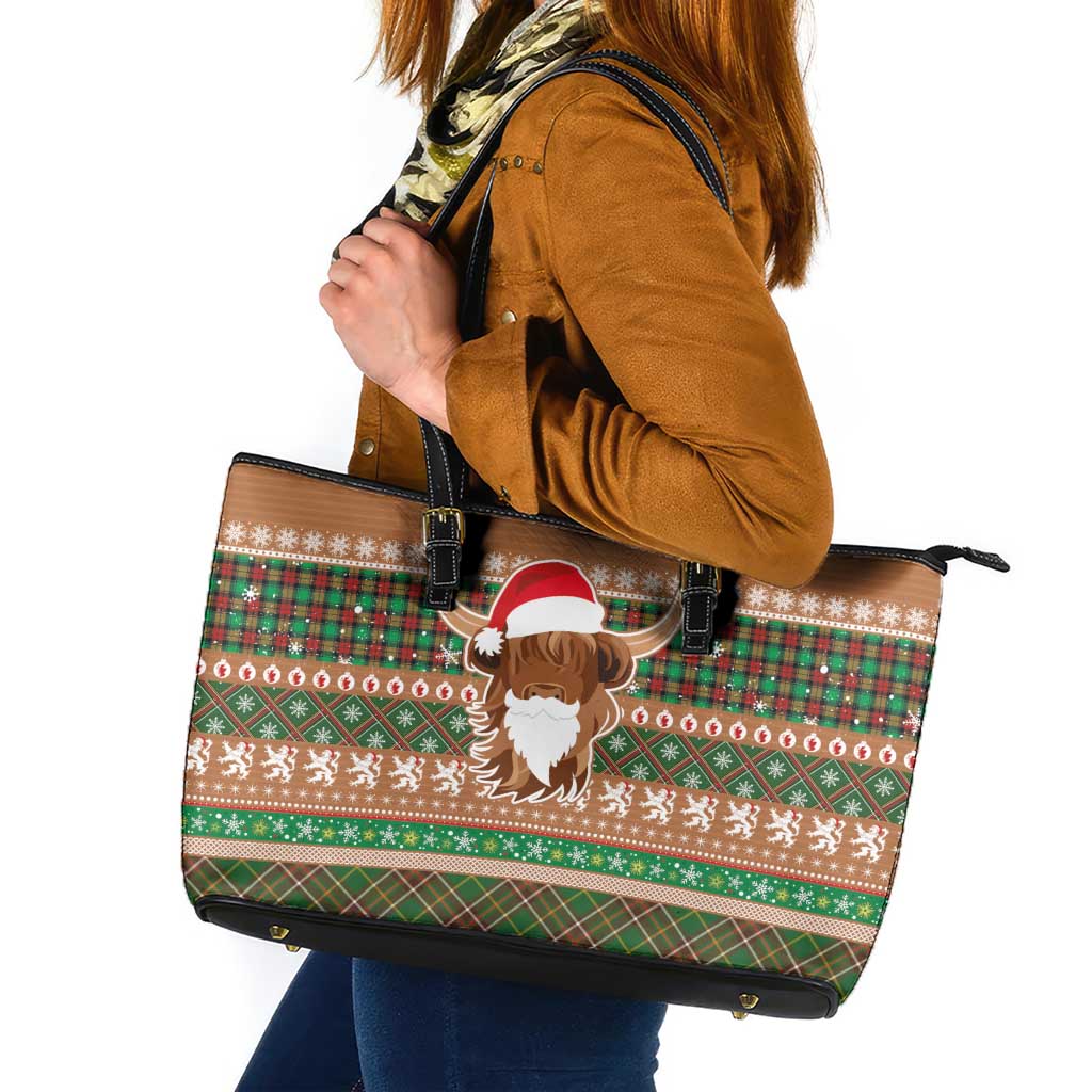 Scottish Christmas Leather Tote Bag Highland Cattle-Xmas Tartan Stripes Style Brown Color - Wonder Print Shop