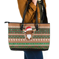 Scottish Christmas Leather Tote Bag Highland Cattle-Xmas Tartan Stripes Style Brown Color - Wonder Print Shop