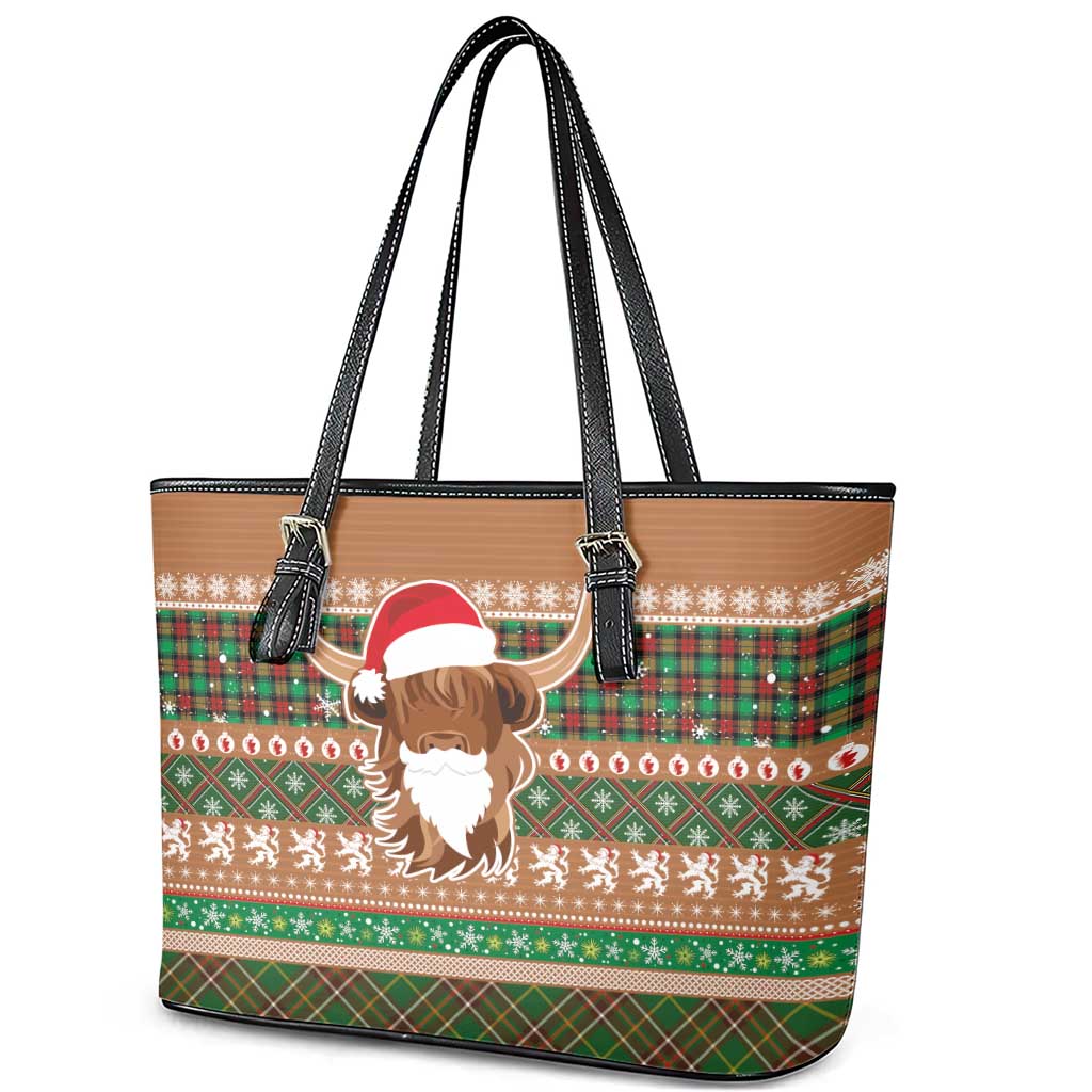 Scottish Christmas Leather Tote Bag Highland Cattle-Xmas Tartan Stripes Style Brown Color - Wonder Print Shop