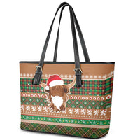 Scottish Christmas Leather Tote Bag Highland Cattle-Xmas Tartan Stripes Style Brown Color - Wonder Print Shop