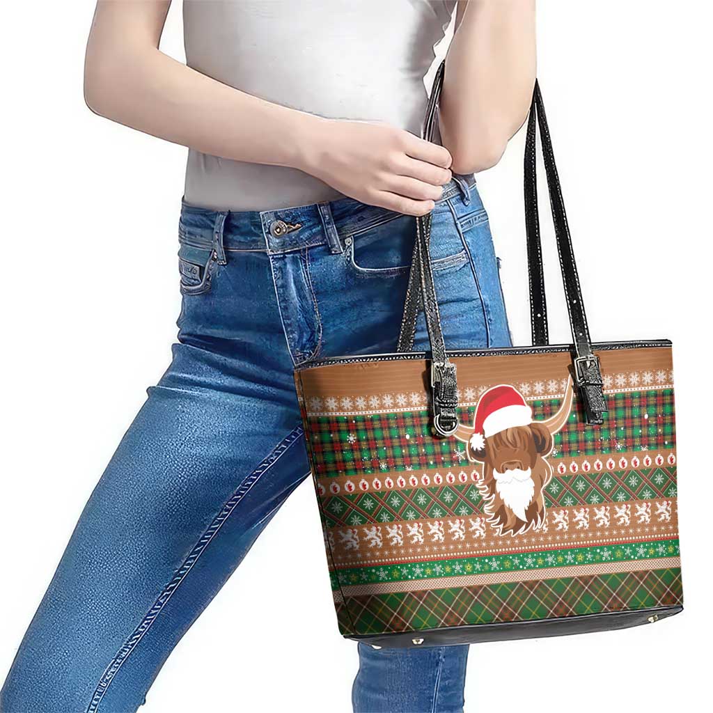 Scottish Christmas Leather Tote Bag Highland Cattle-Xmas Tartan Stripes Style Brown Color - Wonder Print Shop