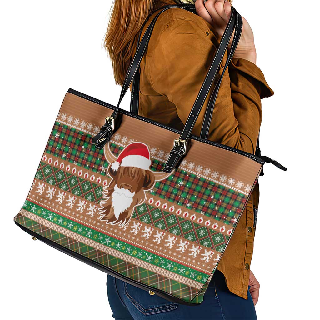 Scottish Christmas Leather Tote Bag Highland Cattle-Xmas Tartan Stripes Style Brown Color - Wonder Print Shop
