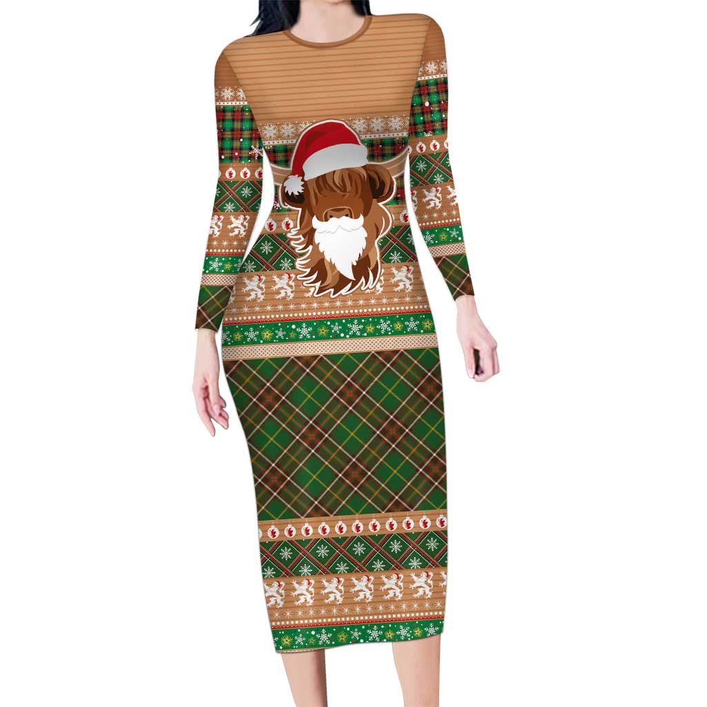 Scottish Christmas Long Sleeve Bodycon Dress Highland Cattle-Xmas Tartan Stripes Style Brown Color - Wonder Print Shop