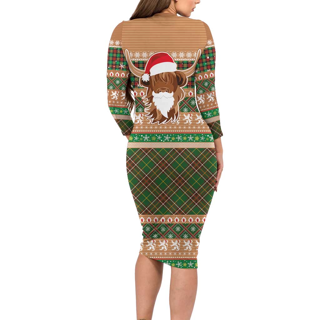 Scottish Christmas Long Sleeve Bodycon Dress Highland Cattle-Xmas Tartan Stripes Style Brown Color - Wonder Print Shop