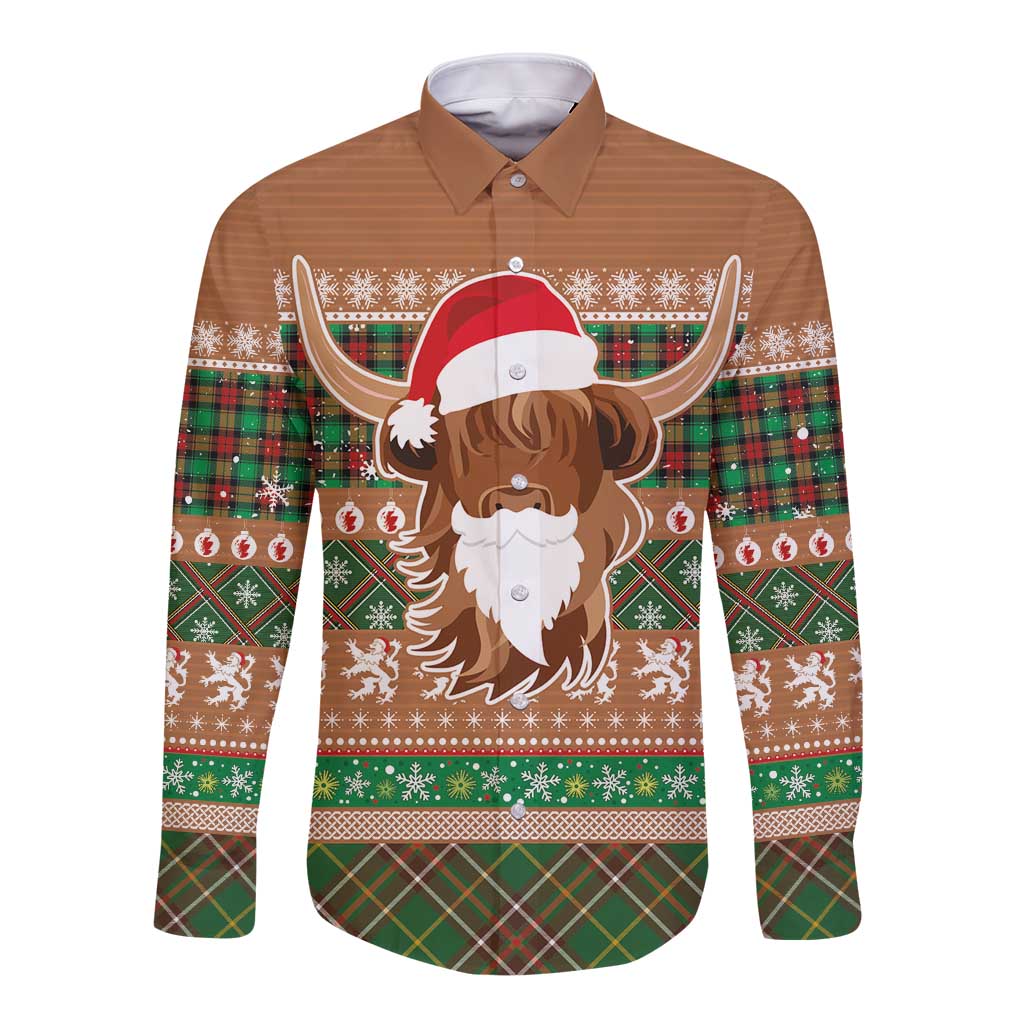 Scottish Christmas Long Sleeve Button Shirt Highland Cattle-Xmas Tartan Stripes Style Brown Color - Wonder Print Shop