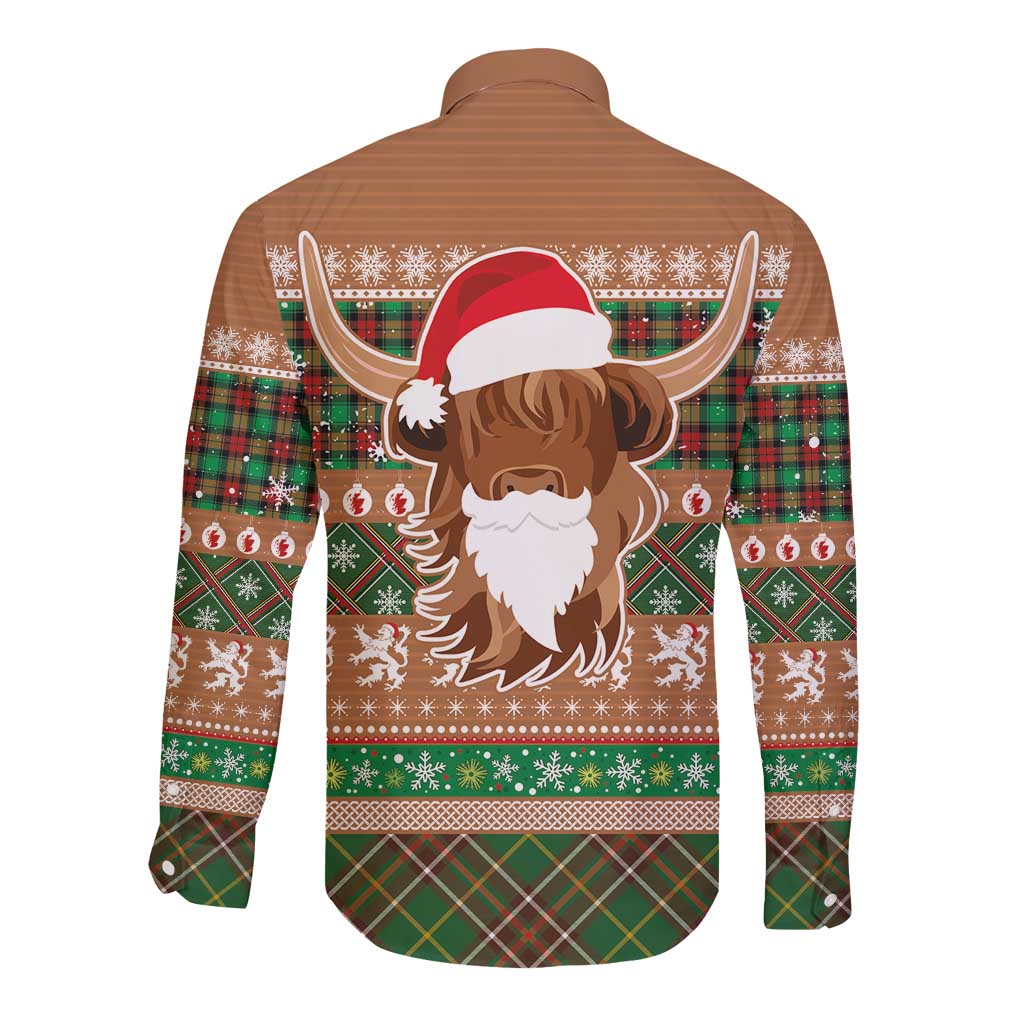 Scottish Christmas Long Sleeve Button Shirt Highland Cattle-Xmas Tartan Stripes Style Brown Color - Wonder Print Shop