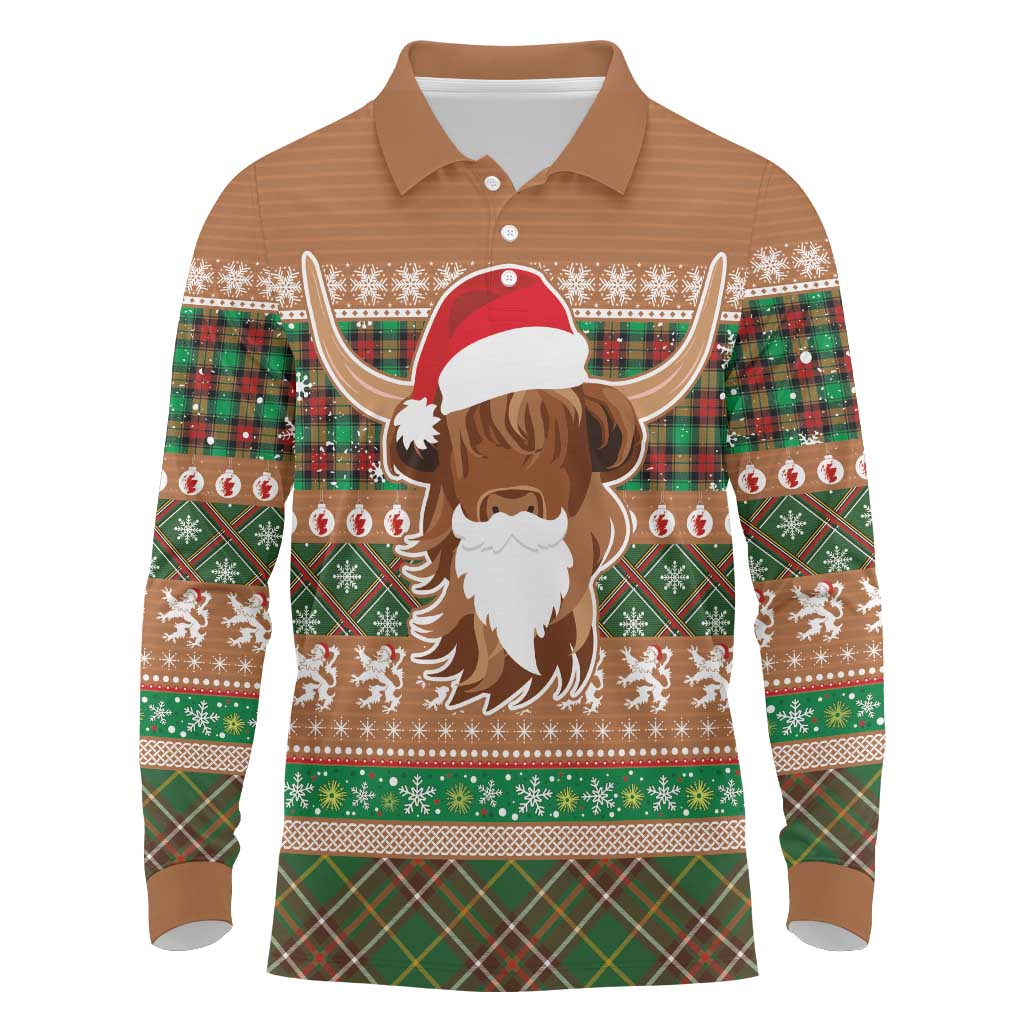 Scottish Christmas Long Sleeve Polo Shirt Highland Cattle-Xmas Tartan Stripes Style Brown Color - Wonder Print Shop
