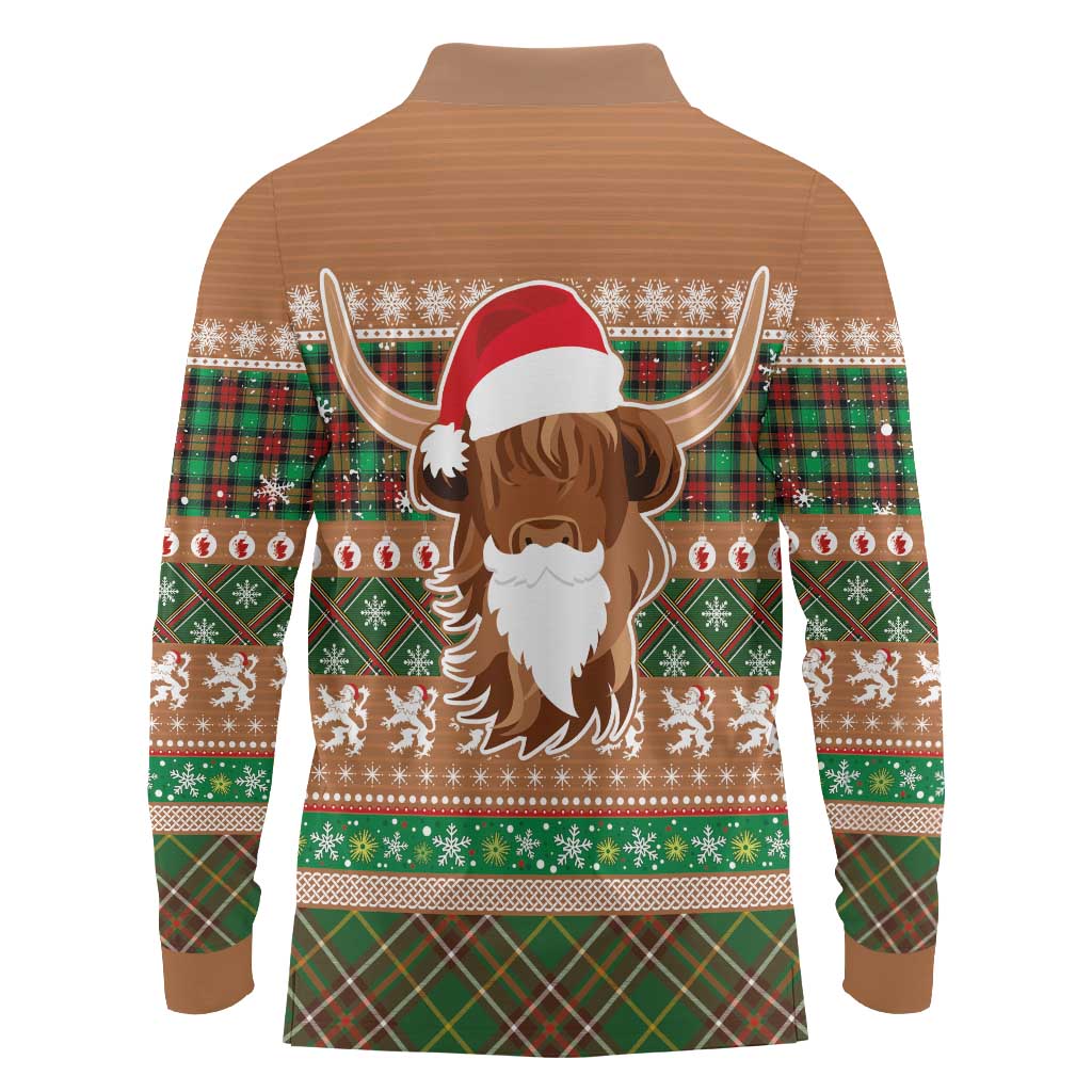Scottish Christmas Long Sleeve Polo Shirt Highland Cattle-Xmas Tartan Stripes Style Brown Color - Wonder Print Shop
