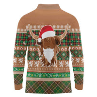 Scottish Christmas Long Sleeve Polo Shirt Highland Cattle-Xmas Tartan Stripes Style Brown Color - Wonder Print Shop