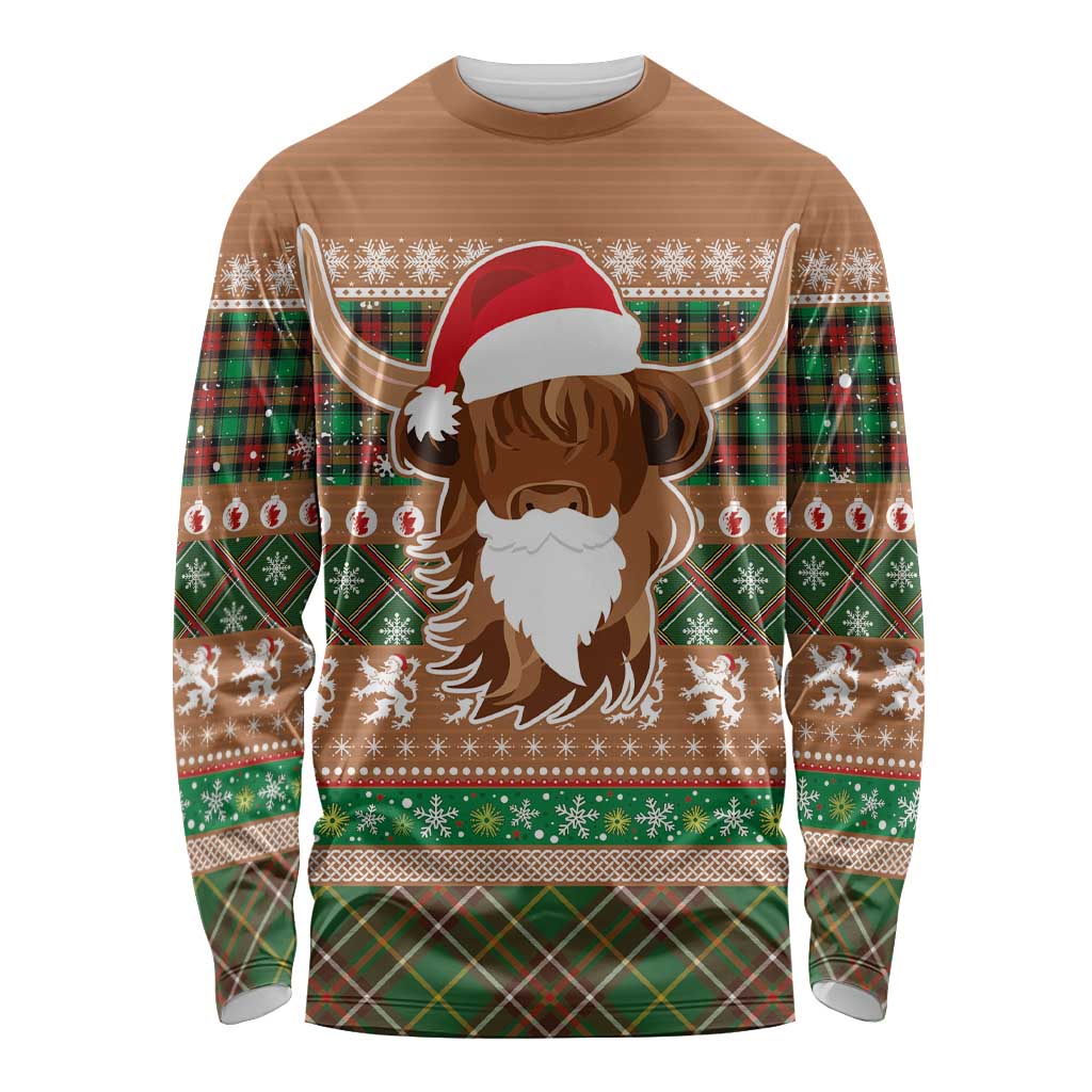 Scottish Christmas Long Sleeve Shirt Highland Cattle-Xmas Tartan Stripes Style Brown Color - Wonder Print Shop