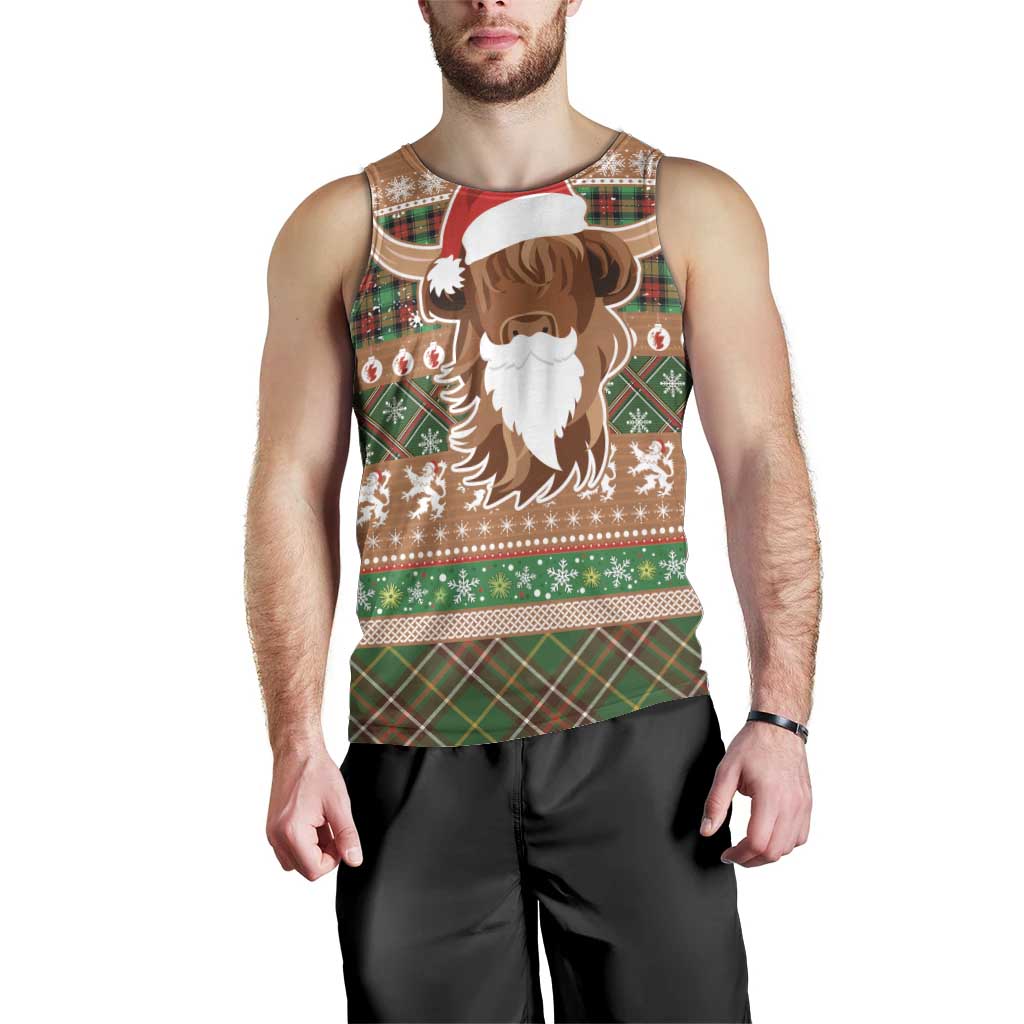Scottish Christmas Men Tank Top Highland Cattle-Xmas Tartan Stripes Style Brown Color - Wonder Print Shop