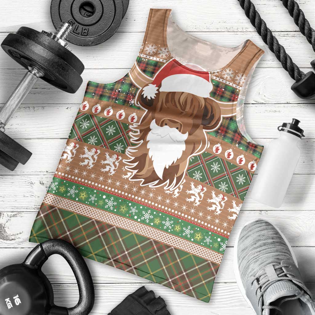 Scottish Christmas Men Tank Top Highland Cattle-Xmas Tartan Stripes Style Brown Color - Wonder Print Shop