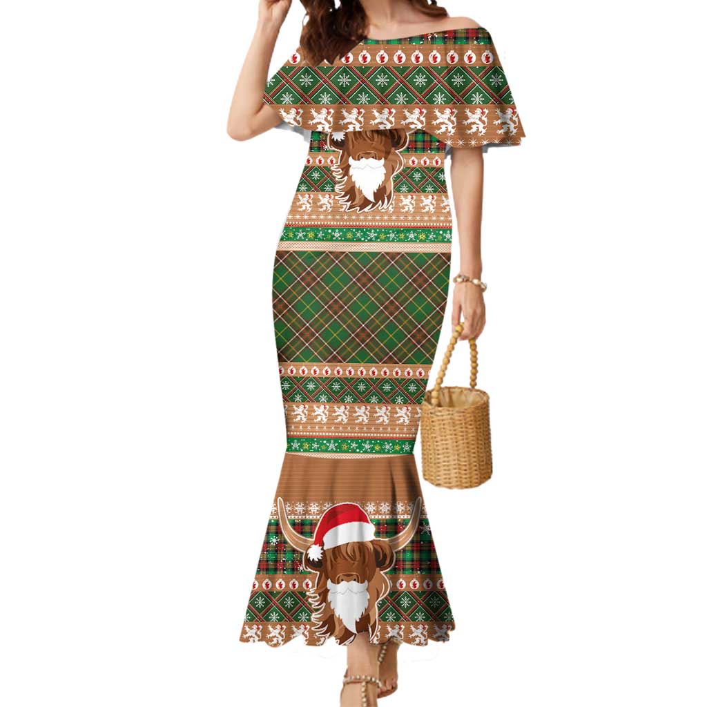 Scottish Christmas Mermaid Dress Highland Cattle-Xmas Tartan Stripes Style Brown Color - Wonder Print Shop