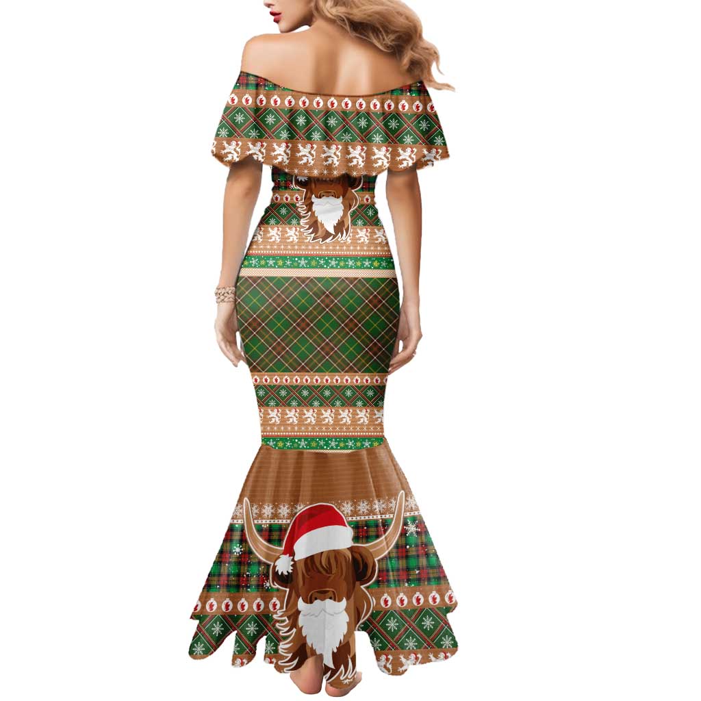 Scottish Christmas Mermaid Dress Highland Cattle-Xmas Tartan Stripes Style Brown Color - Wonder Print Shop