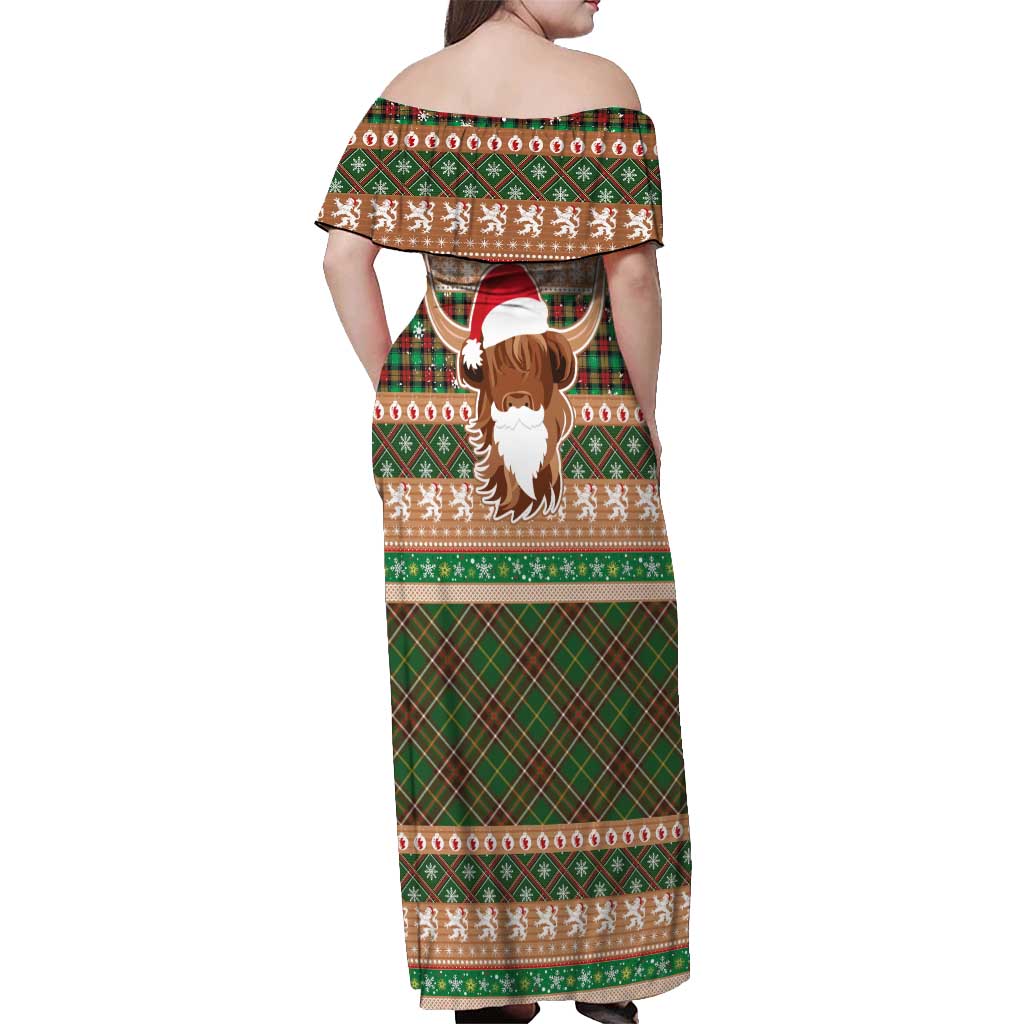 Scottish Christmas Off Shoulder Maxi Dress Highland Cattle-Xmas Tartan Stripes Style Brown Color - Wonder Print Shop