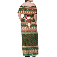 Scottish Christmas Off Shoulder Maxi Dress Highland Cattle-Xmas Tartan Stripes Style Brown Color - Wonder Print Shop