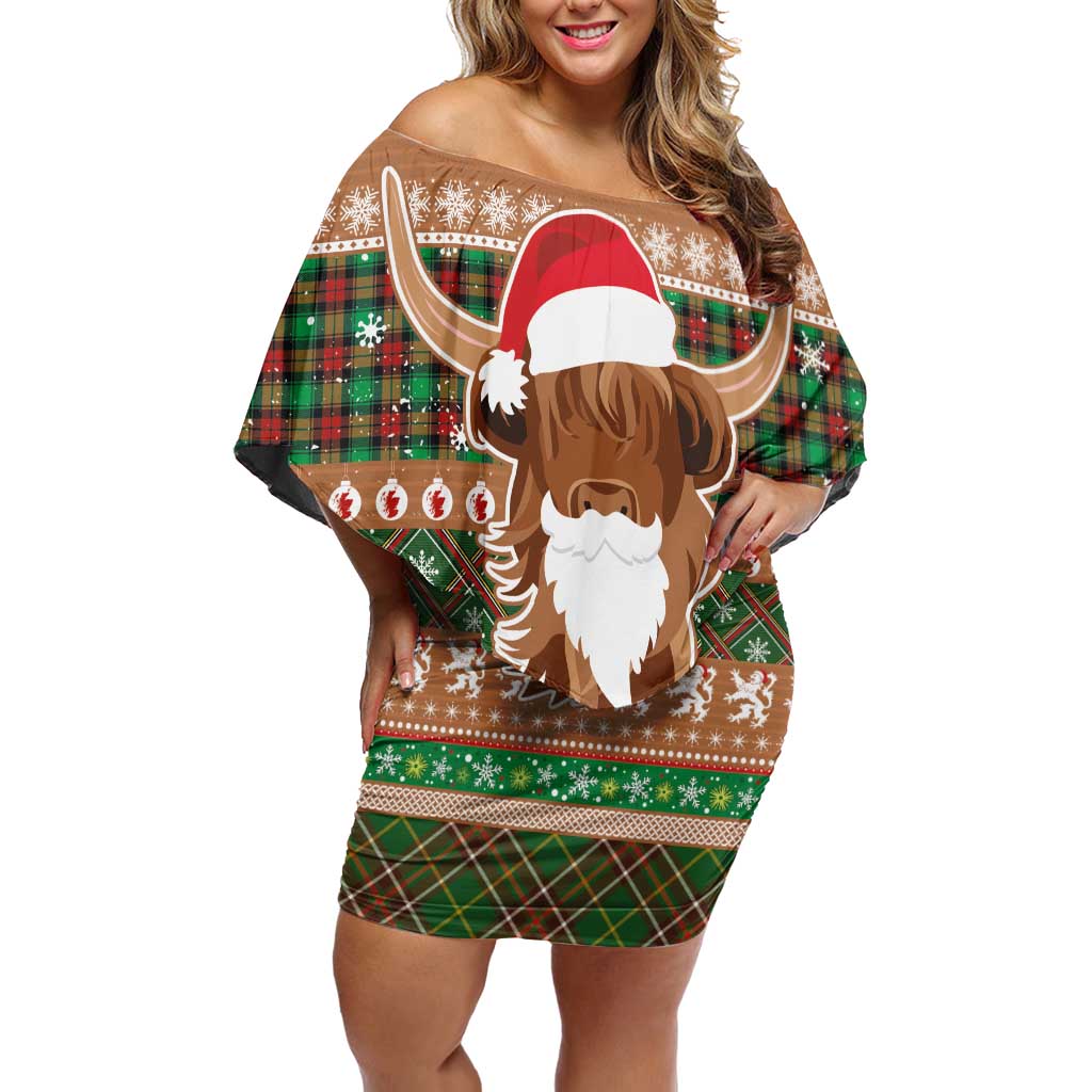 Scottish Christmas Off Shoulder Short Dress Highland Cattle-Xmas Tartan Stripes Style Brown Color - Wonder Print Shop