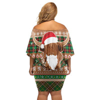 Scottish Christmas Off Shoulder Short Dress Highland Cattle-Xmas Tartan Stripes Style Brown Color - Wonder Print Shop