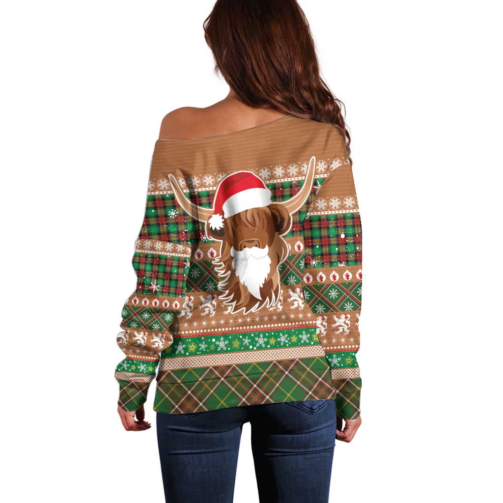 Scottish Christmas Off Shoulder Sweater Highland Cattle-Xmas Tartan Stripes Style Brown Color - Wonder Print Shop