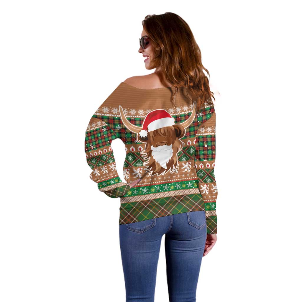 Scottish Christmas Off Shoulder Sweater Highland Cattle-Xmas Tartan Stripes Style Brown Color - Wonder Print Shop