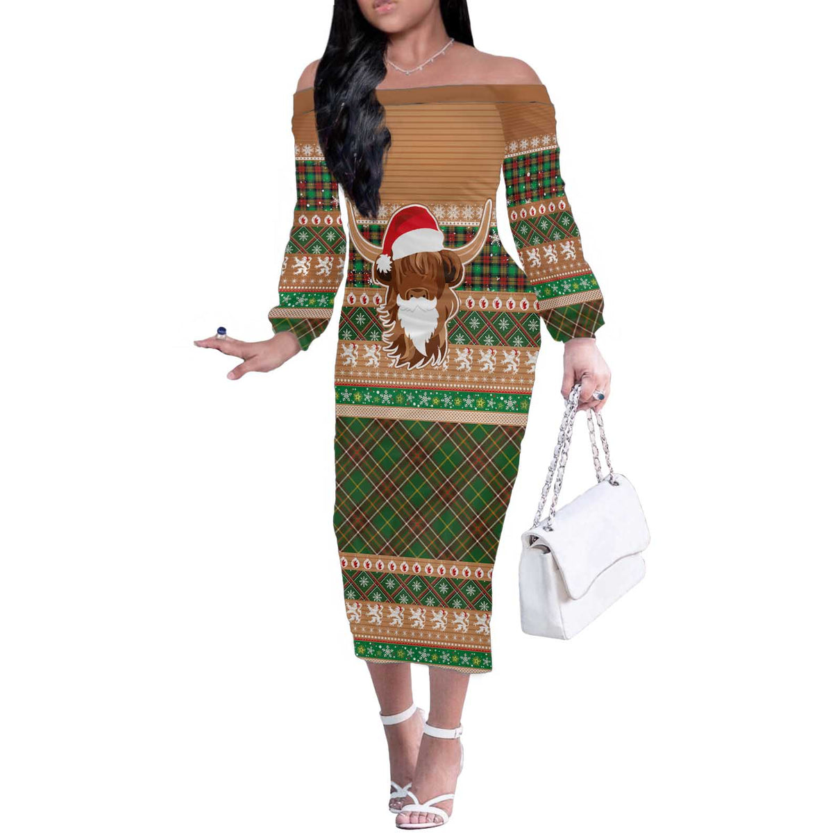 Scottish Christmas Off The Shoulder Long Sleeve Dress Highland Cattle-Xmas Tartan Stripes Style Brown Color - Wonder Print Shop